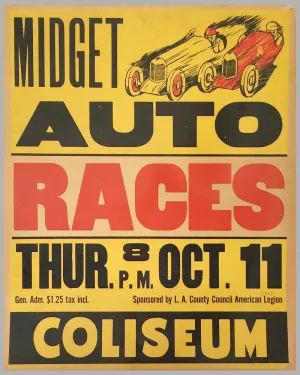 1945 Midget Auto races at the L.A. Coliseum, CA original event poster