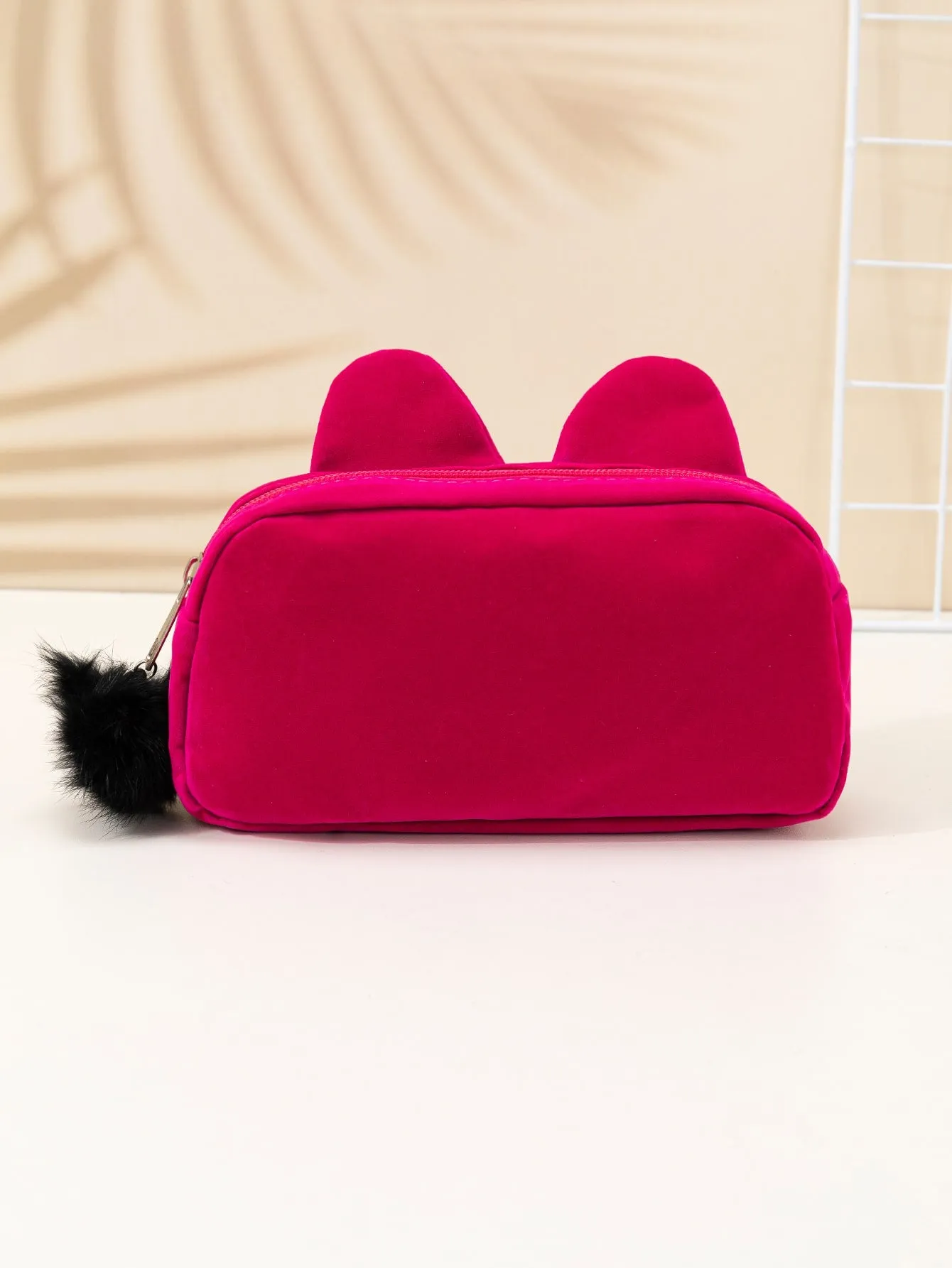 1pc Rose Red Cat Shape White Eyelashes Plush Portable Makeup Bag Cosmetic