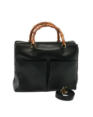 Bamboo Leather Handbag with Detachable Shoulder Strap