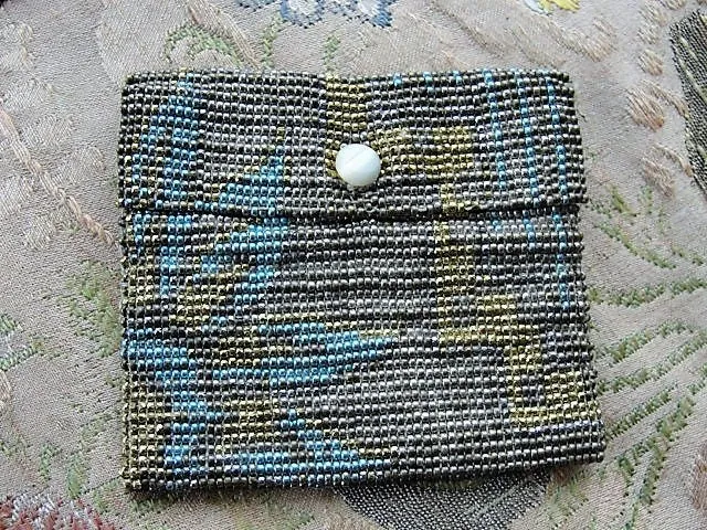 BEAUTIFUL 1920s Art Deco FRENCH Metal Beaded Small Purse Bag Lovely Micro Beads Blues Golds silver Flapper Era Collectible Antique Purses