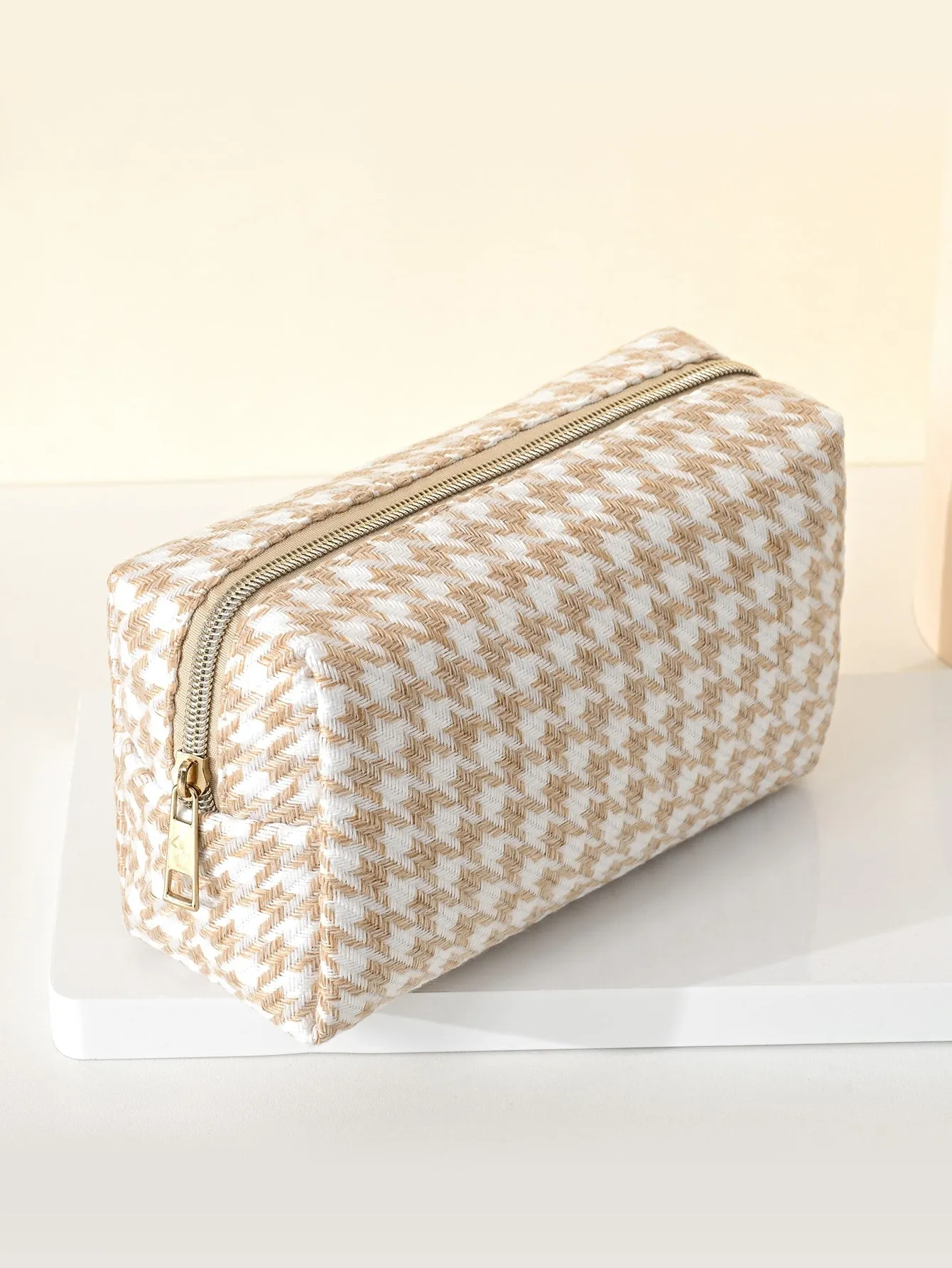 Beige Houndstooth Makeup Bag Cosmetic Organizer Toiletries Bag Makeup Organizer