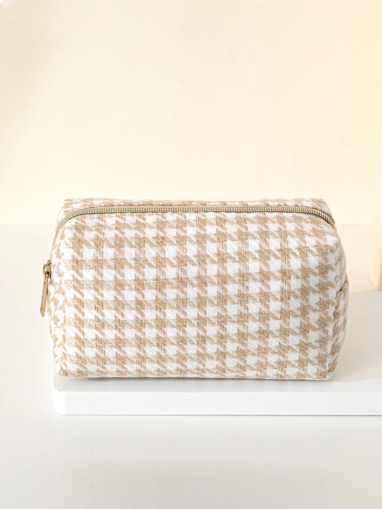 Beige Houndstooth Makeup Bag Cosmetic Organizer Toiletries Bag Makeup Organizer