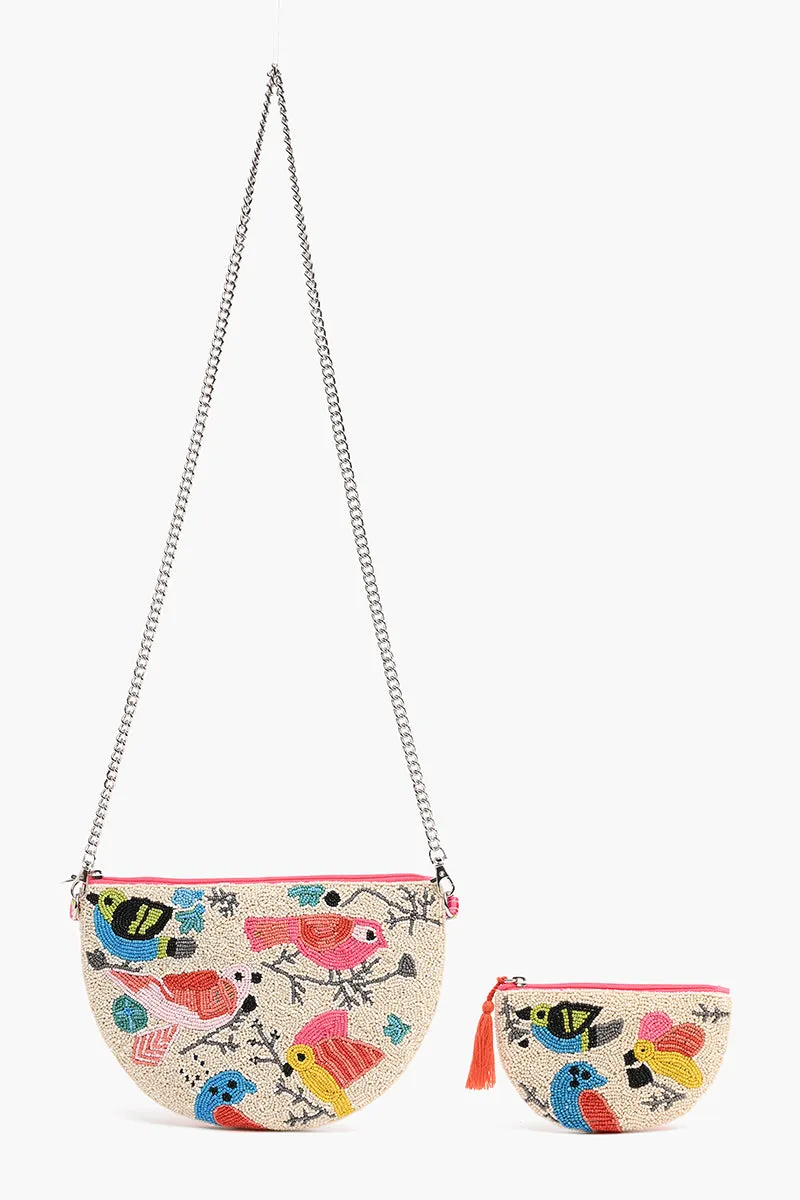 Birds Embellished Crossbody Pouch with Coin Pouch