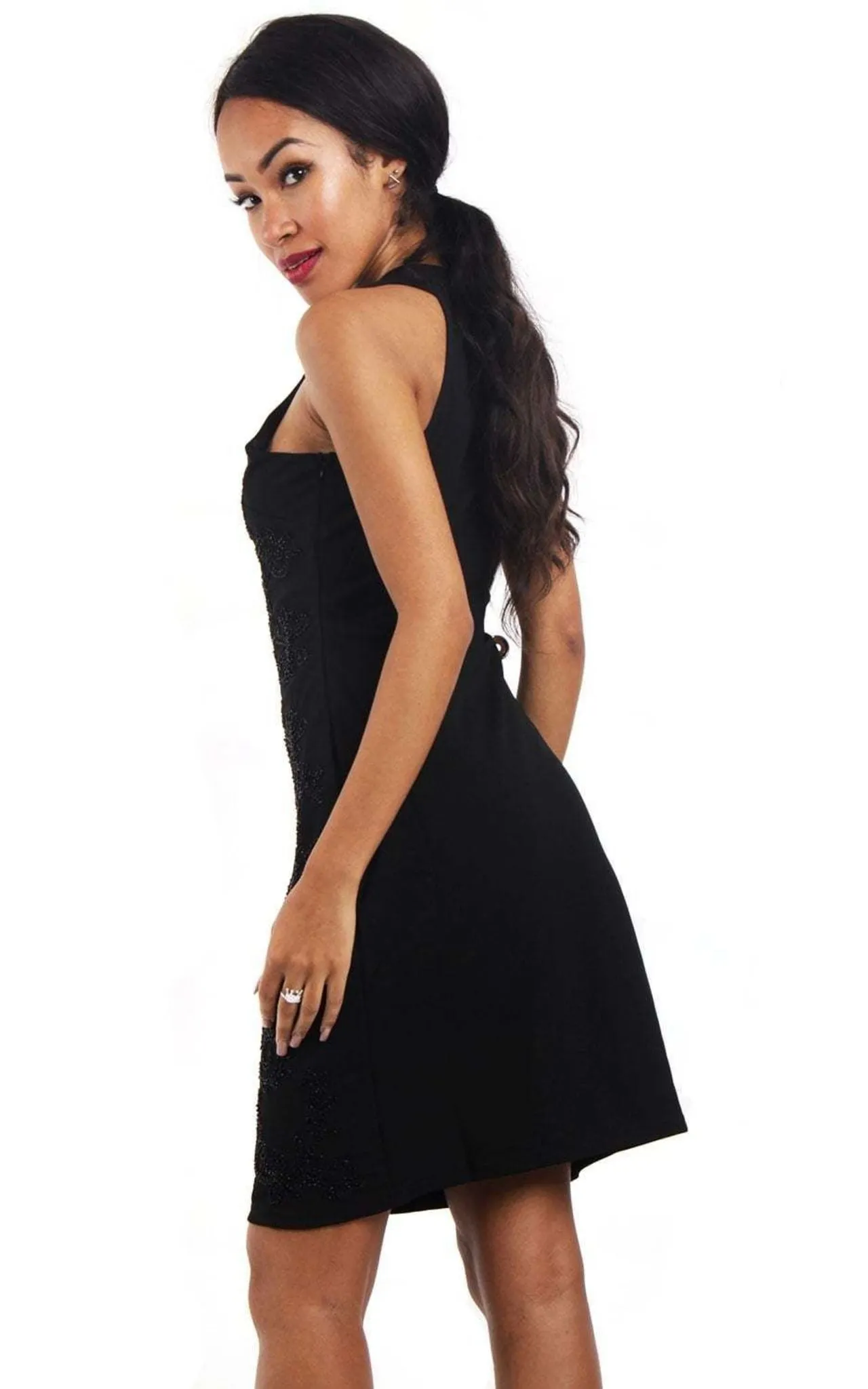 Black Embellished Halterneck Evening Party Dress