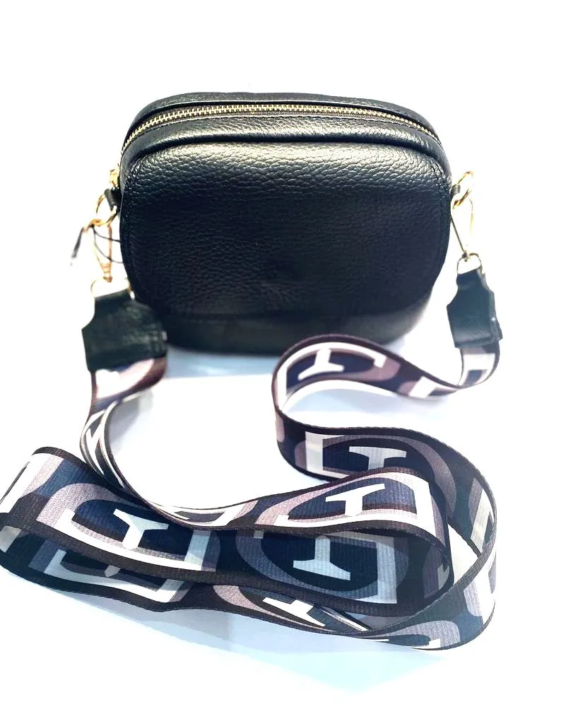 Black Italian Leather Crossover Bag with Fabric Strap