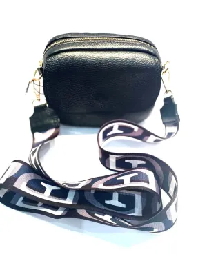 Black Italian Leather Crossover Bag with Fabric Strap