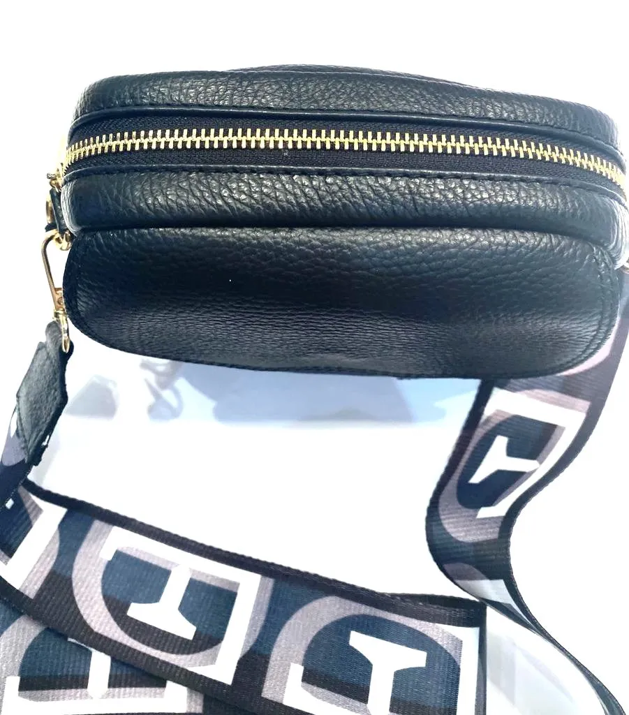 Black Italian Leather Crossover Bag with Fabric Strap