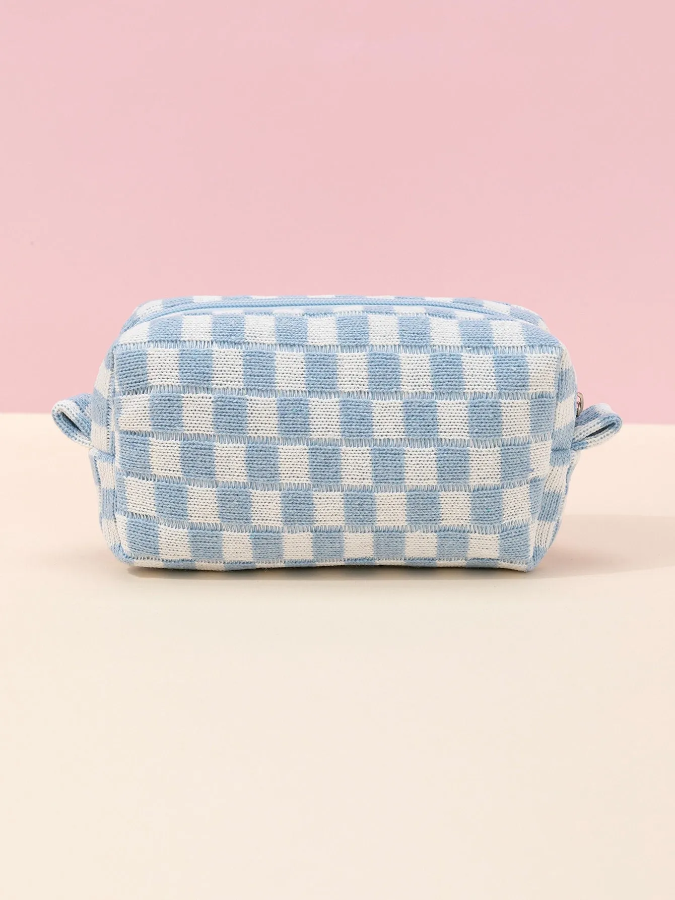 Blue And White Plaid Knitted Soft Makeup Bag Cosmetic Organizer Toiletries Bag