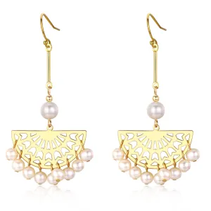 Carved Golden Fan Drop Pearl Earrings