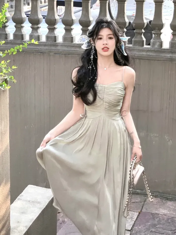 Casual Summer Spaghetti Strap Midi Dress Elegant Sleeveless Prom Party Dress      S5393