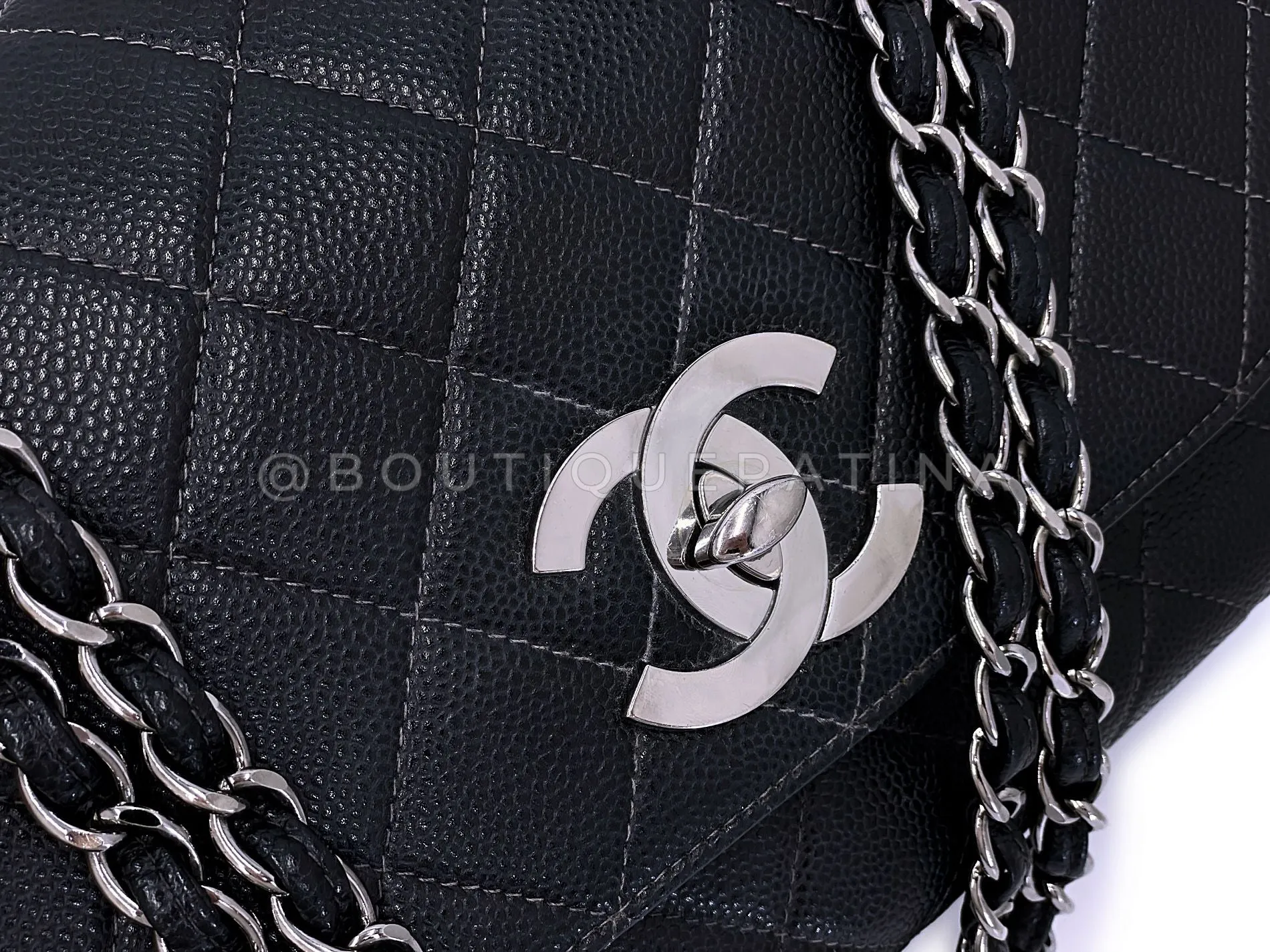 Chanel 2001 Vintage Black Caviar Curved Jumbo Classic Flap Bag RHW H6W