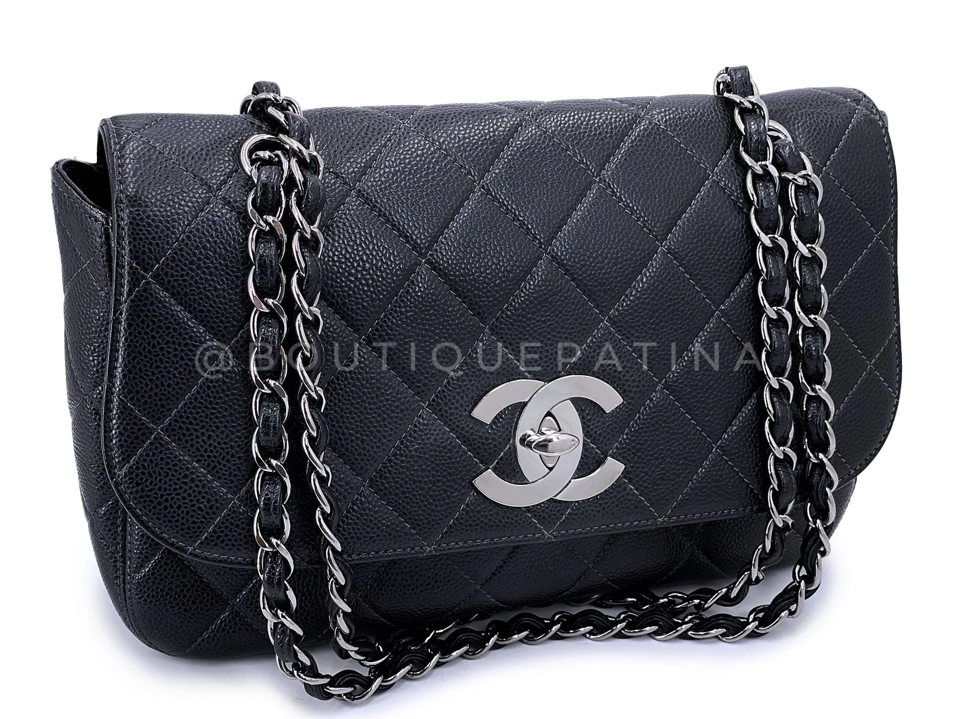 Chanel 2001 Vintage Black Caviar Curved Jumbo Classic Flap Bag RHW H6W