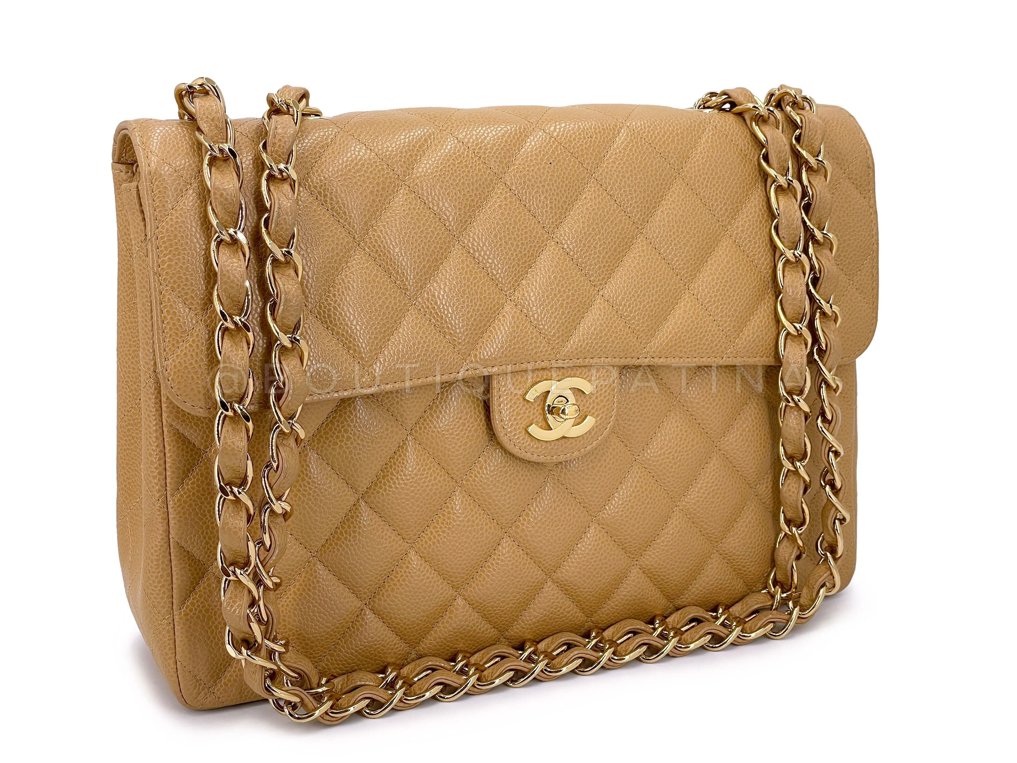 Chanel 2004 Vintage Caramel Beige Caviar Jumbo Classic Flap Bag 24k GHW