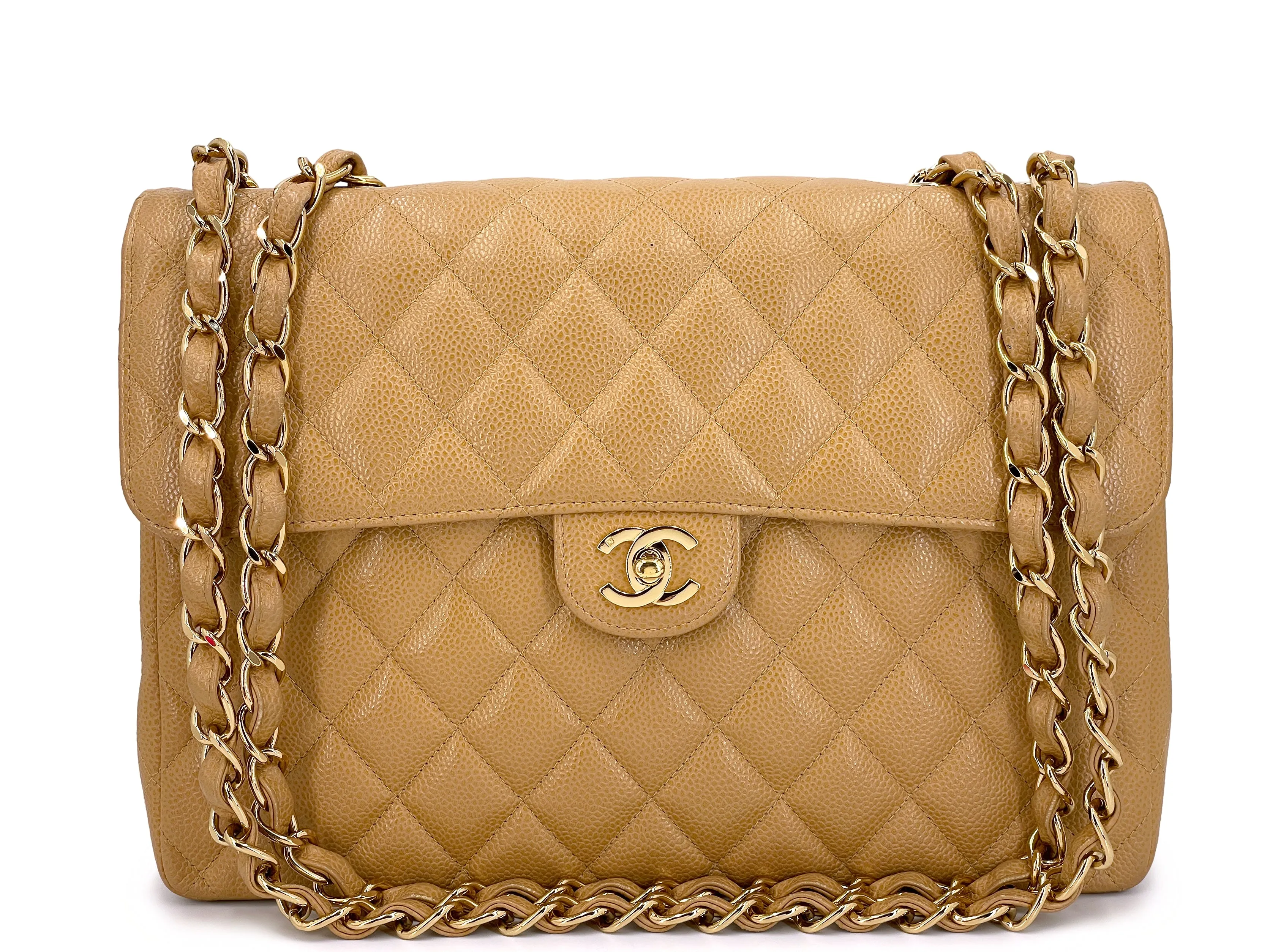 Chanel 2004 Vintage Caramel Beige Caviar Jumbo Classic Flap Bag 24k GHW