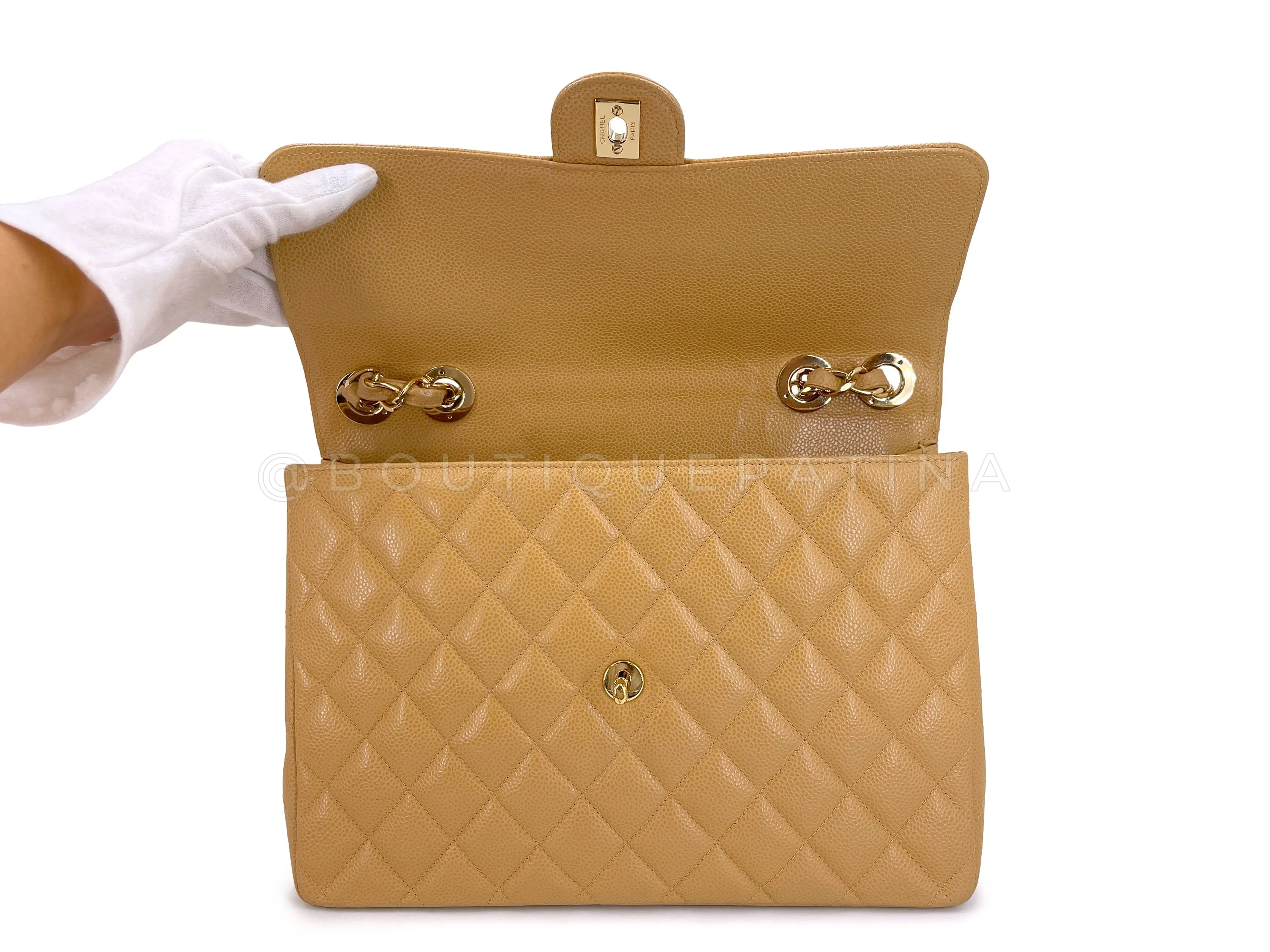 Chanel 2004 Vintage Caramel Beige Caviar Jumbo Classic Flap Bag 24k GHW