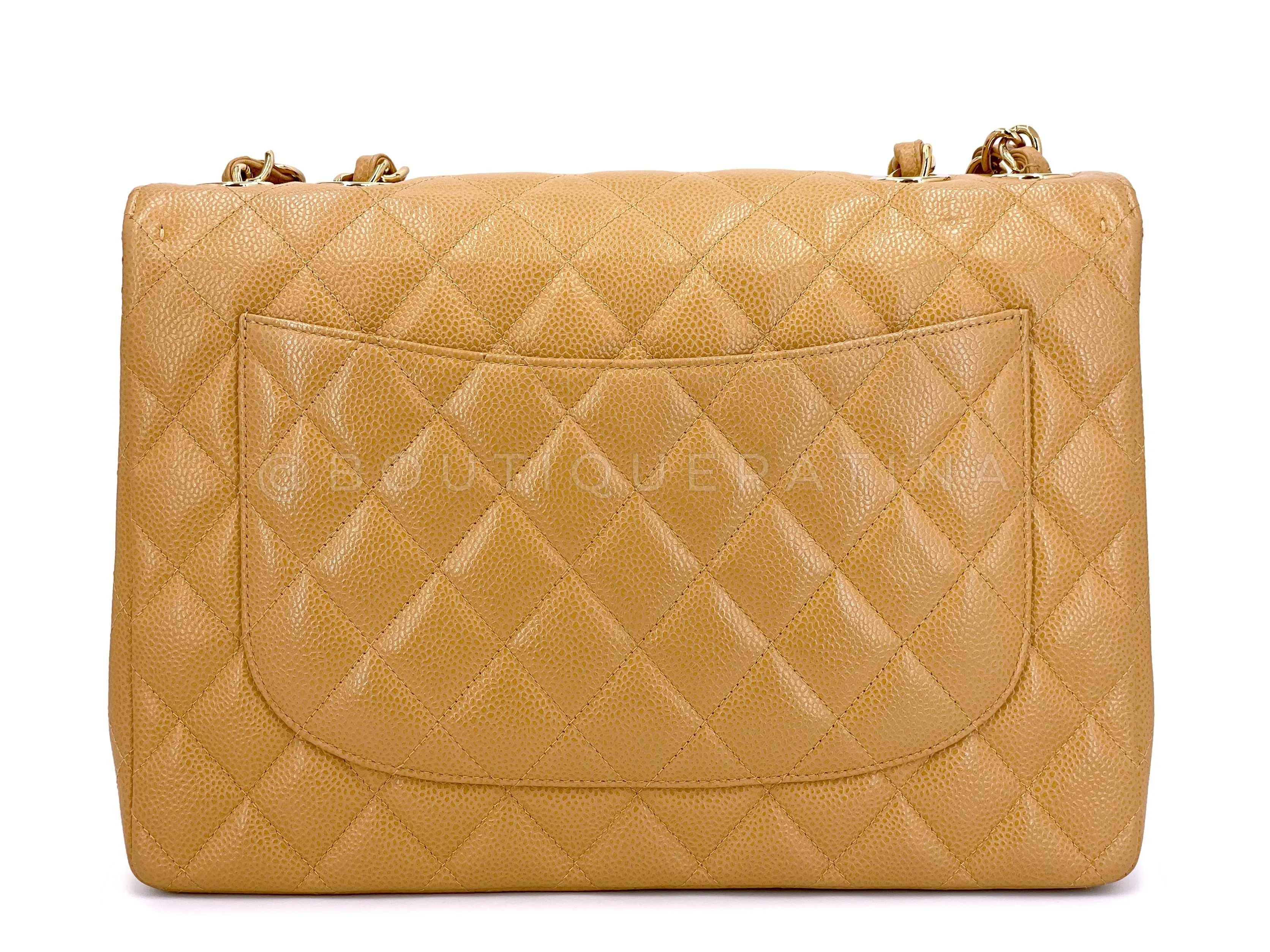 Chanel 2004 Vintage Caramel Beige Caviar Jumbo Classic Flap Bag 24k GHW