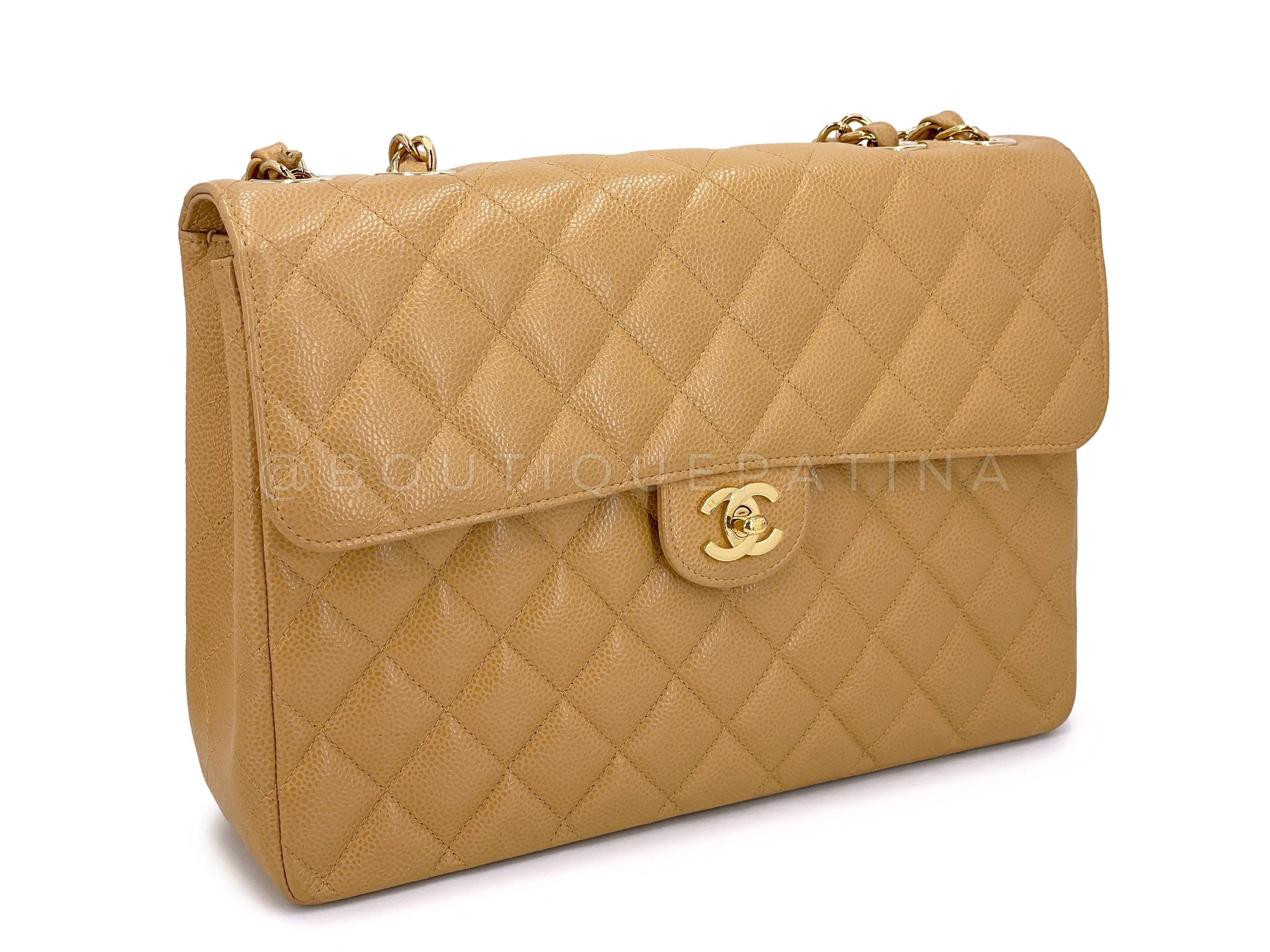 Chanel 2004 Vintage Caramel Beige Caviar Jumbo Classic Flap Bag 24k GHW