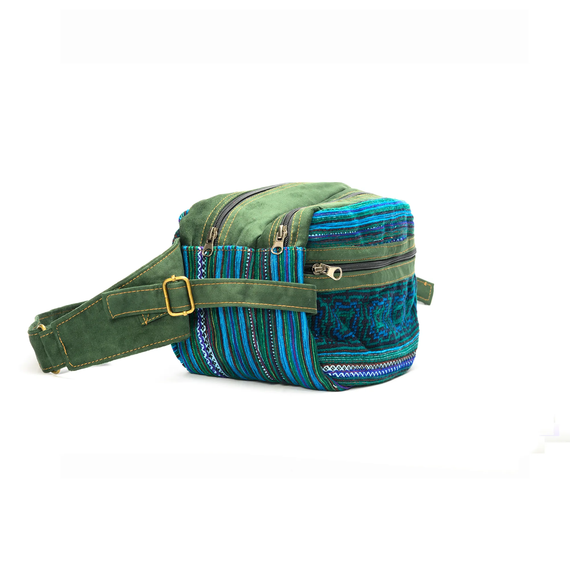 Green Waist bag, embroidery and faux leather