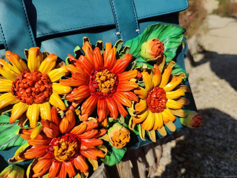 Handmade Casual Vintage Sunflower Flower Clusters Leather Handbag for Women