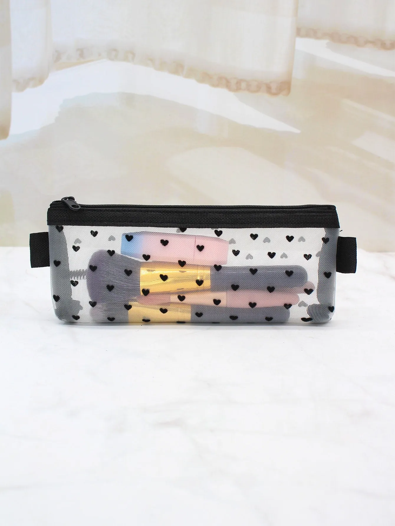 Heart Design Mesh Makeup Bag Cosmetic Organizer Toiletries Bag Makeup Organizer