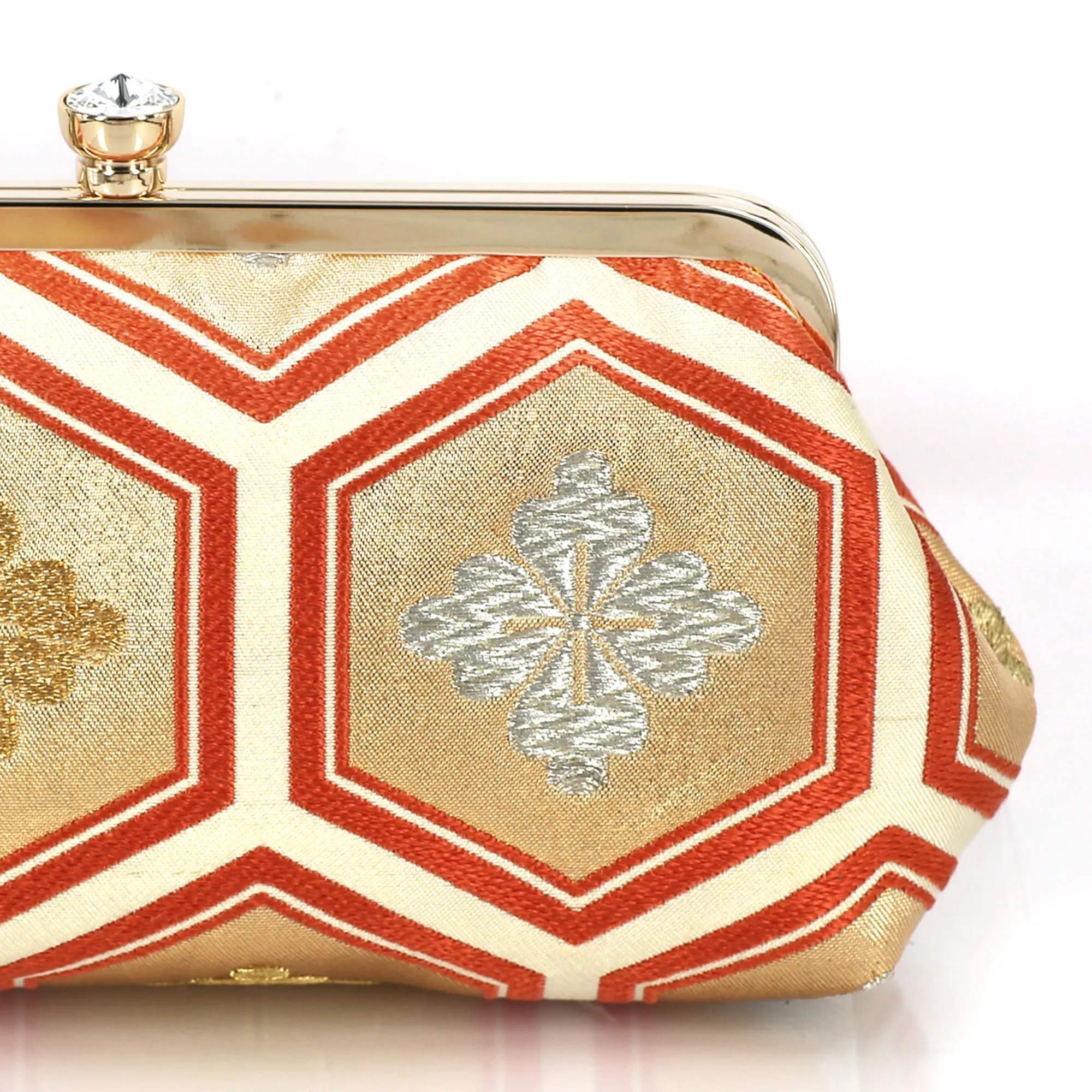 Kikko Hexagon Clutch Purse in Gold and Peach| Upcycled from vintage Japanese Obi