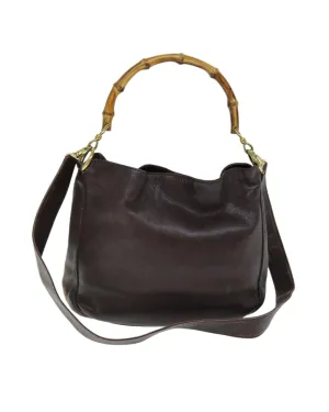 Leather Bamboo 2Way Hand Bag in Brown