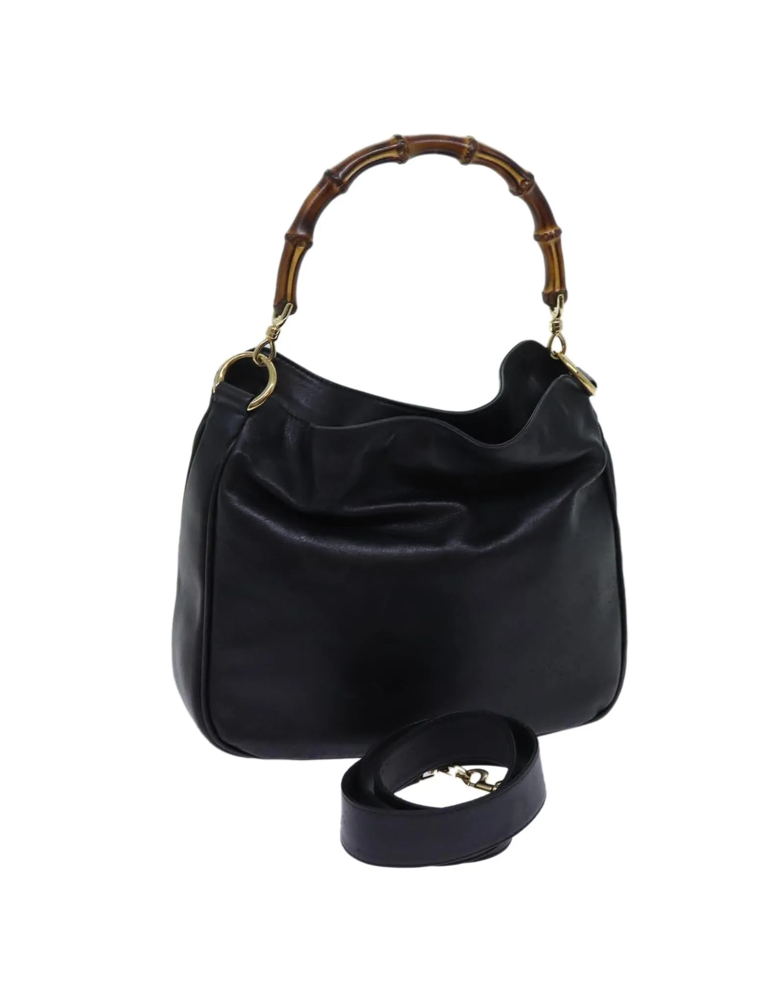 Leather Bamboo Shoulder Bag with 2-way Style and Shoulder Strap