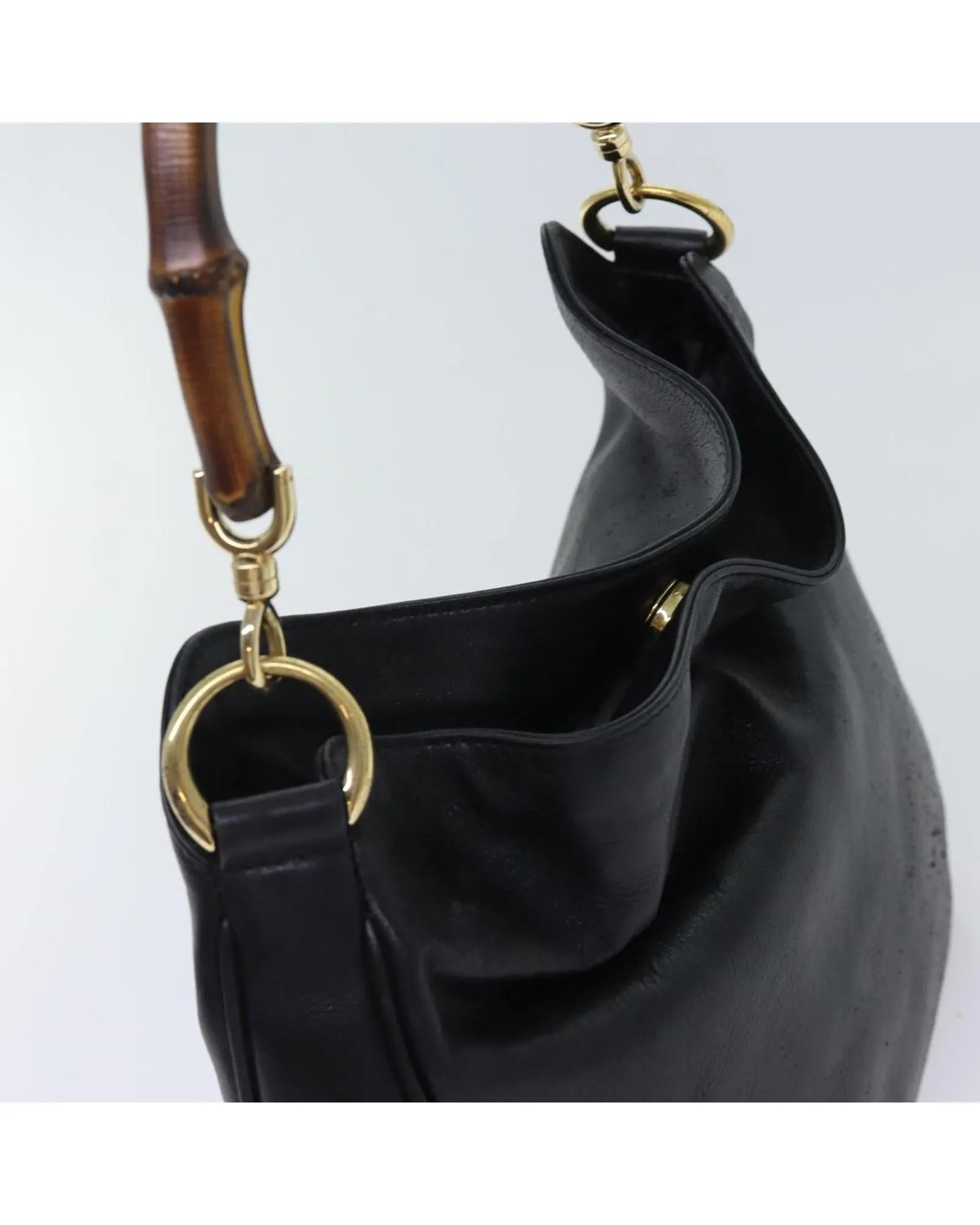 Leather Bamboo Shoulder Bag with 2-way Style and Shoulder Strap