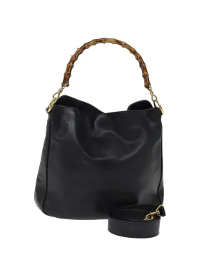 Leather Shoulder Bag with Bamboo Detail in Black