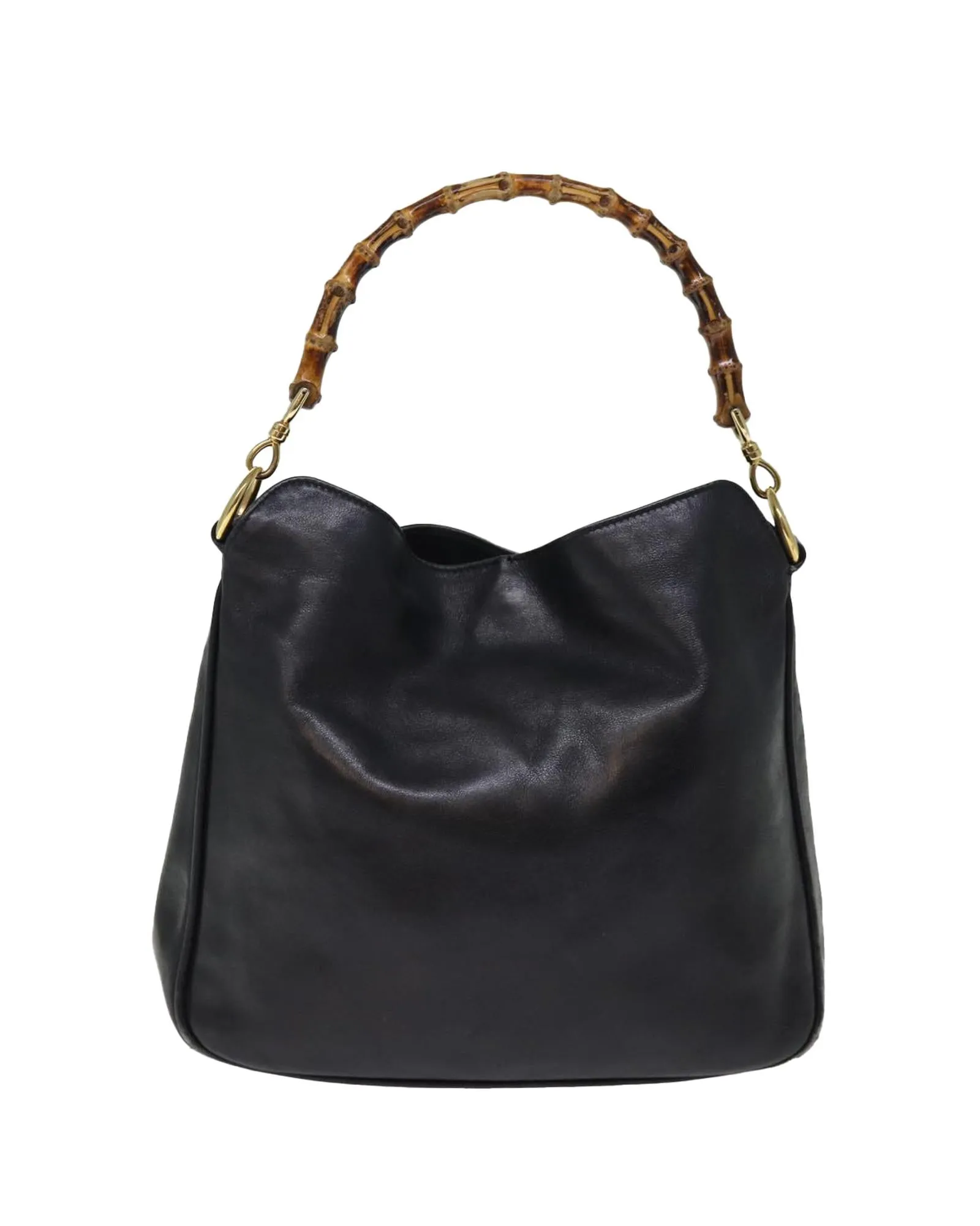 Leather Shoulder Bag with Bamboo Detail in Black