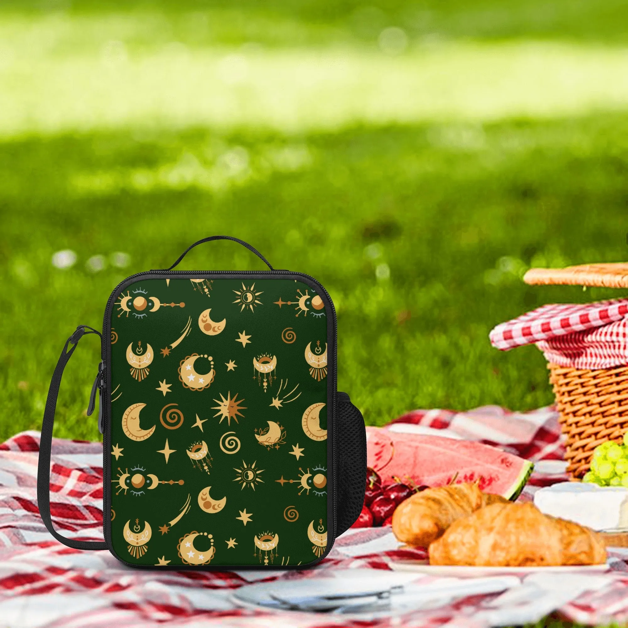 Lunch Bag-All-Over Print-Lunch Box Bag with Bottle Holder-Boho Moon Pattern