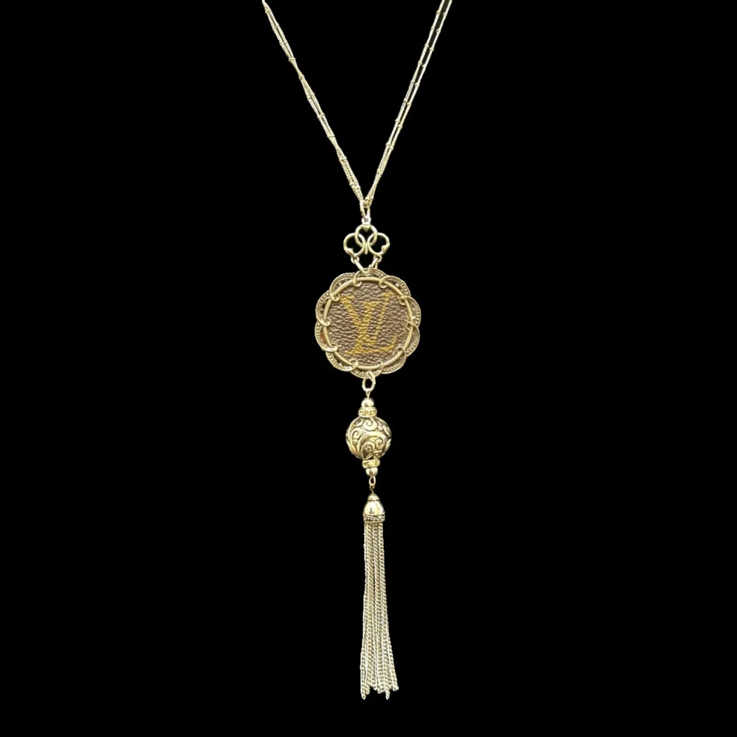 Reworked LV Canvas Pendant and Up-cycled Vintage Tassel Necklace