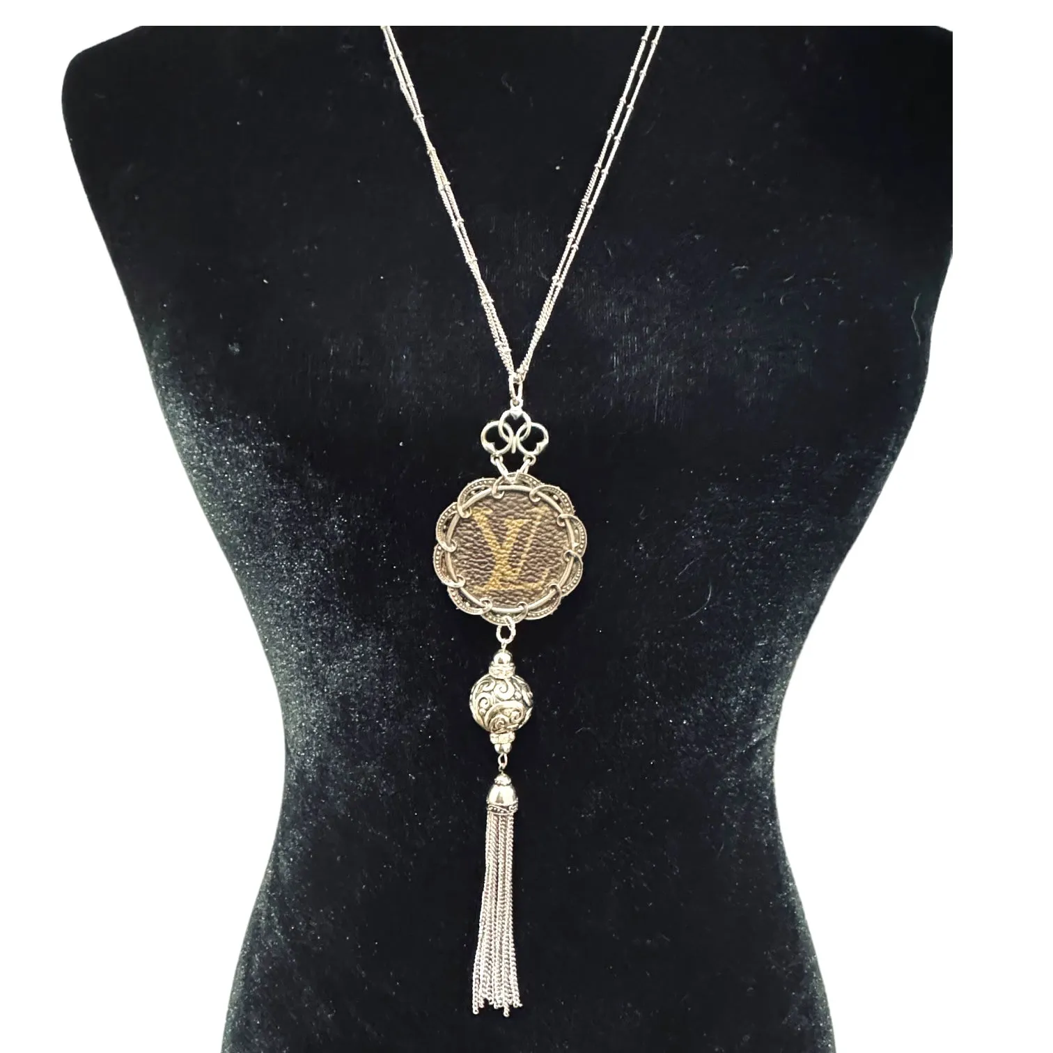 Reworked LV Canvas Pendant and Up-cycled Vintage Tassel Necklace