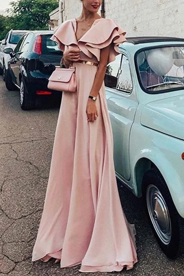 Solid Color V Neck Elegant Evening Party Maxi Dress