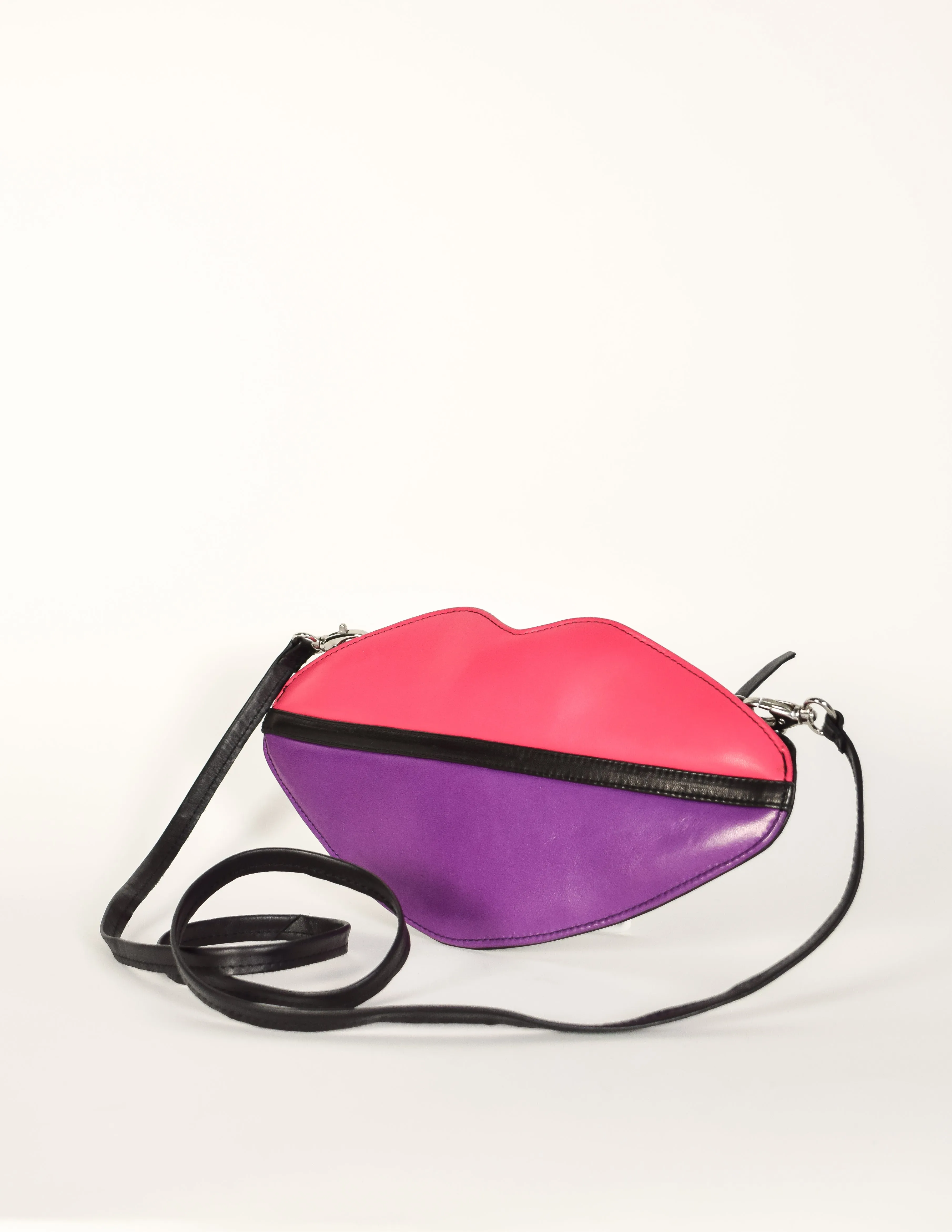 Sonia Rykiel Vintage Pink Purple Black Leather Lips Crossbody Clutch Bag