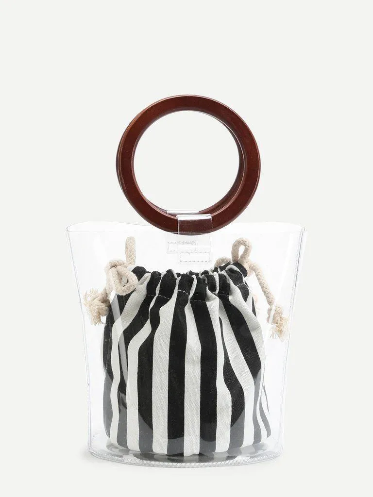 Striped Clear Wooden Handle Bag