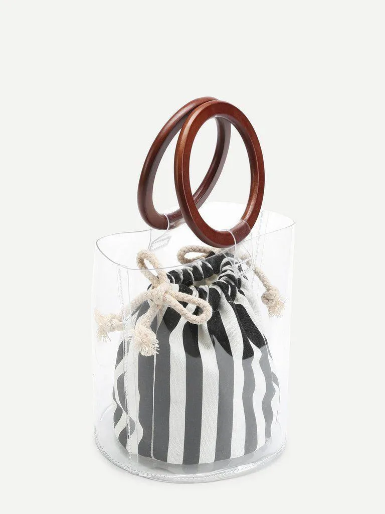 Striped Clear Wooden Handle Bag