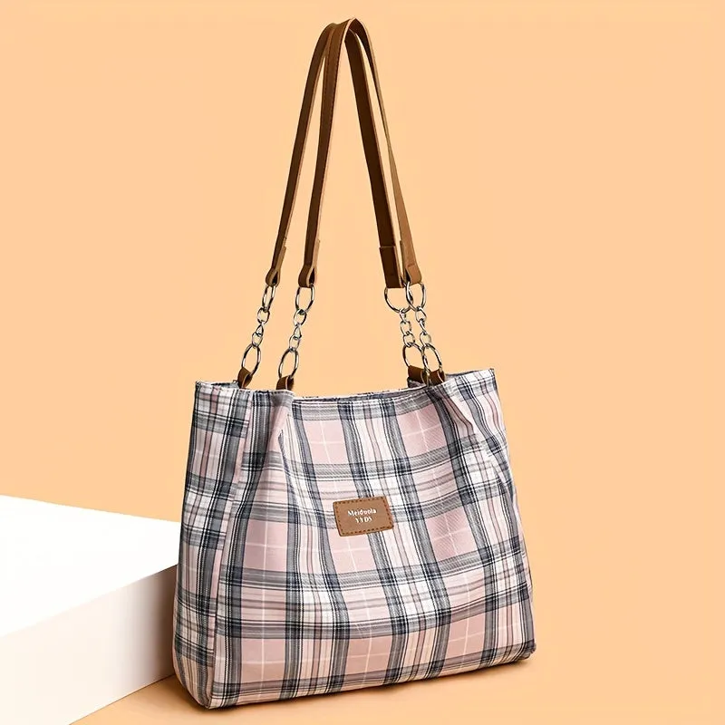 Stylish Plaid Nylon Tote Bag - Trendy Women's Commuter Shoulder Handbag for Work and Daily Life - Durable, Water-Resistant, and Spacious Interior