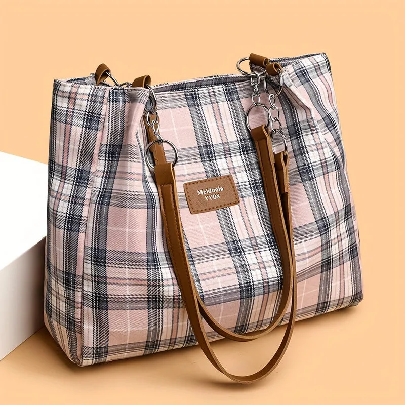 Stylish Plaid Nylon Tote Bag - Trendy Women's Commuter Shoulder Handbag for Work and Daily Life - Durable, Water-Resistant, and Spacious Interior