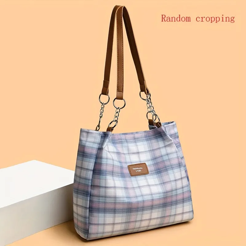 Stylish Plaid Nylon Tote Bag - Trendy Women's Commuter Shoulder Handbag for Work and Daily Life - Durable, Water-Resistant, and Spacious Interior