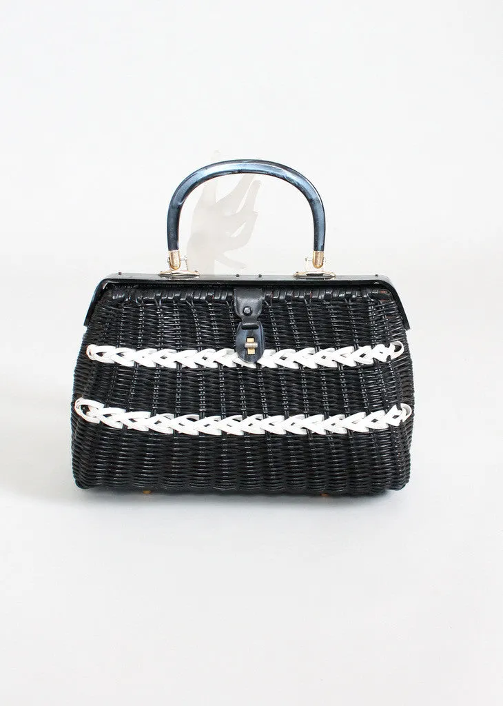 Vintage 1960s Black and White Wicker Purse