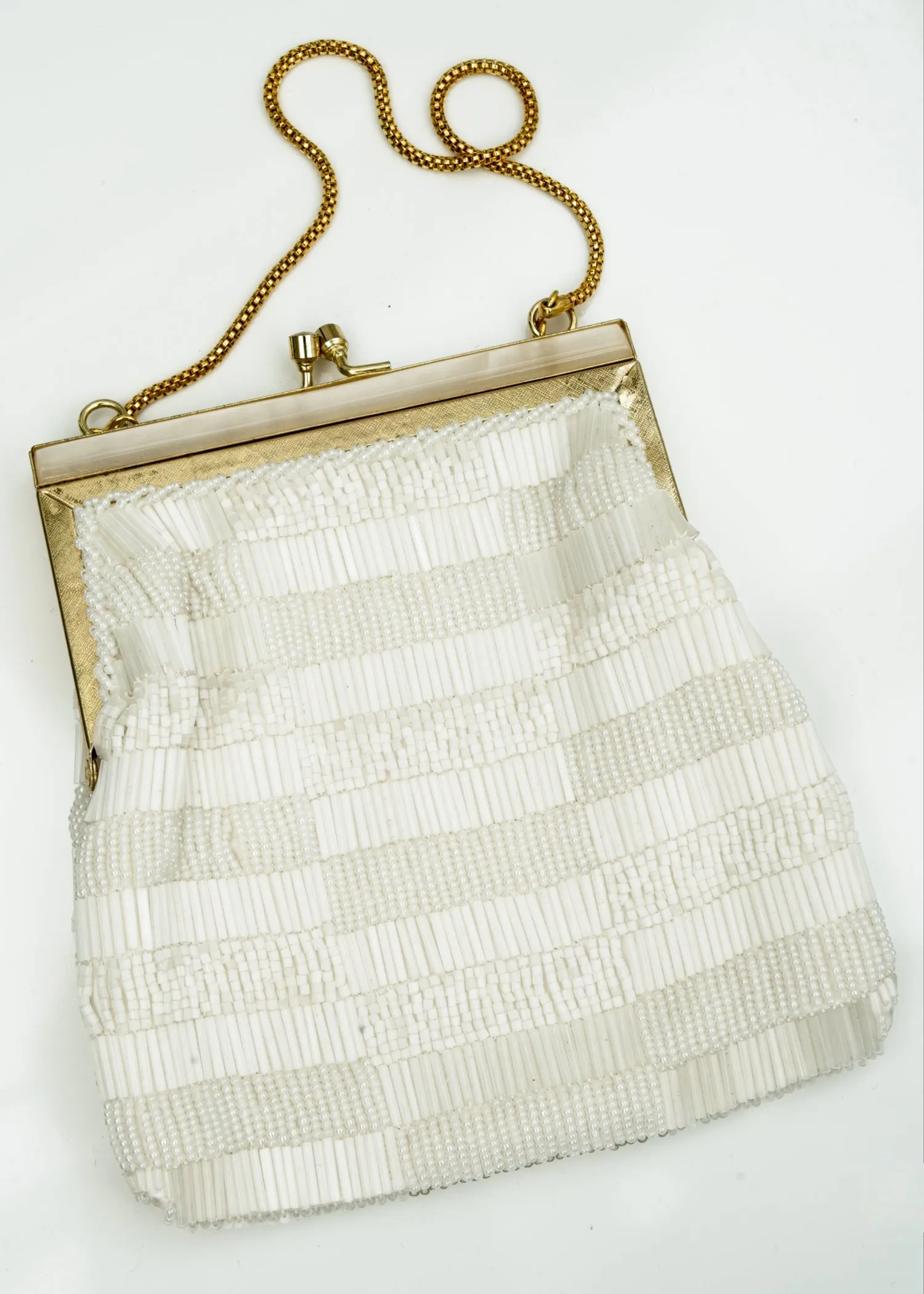 Vintage 60s White Selenite Beaded Evening Purse • Snake Chain Handle