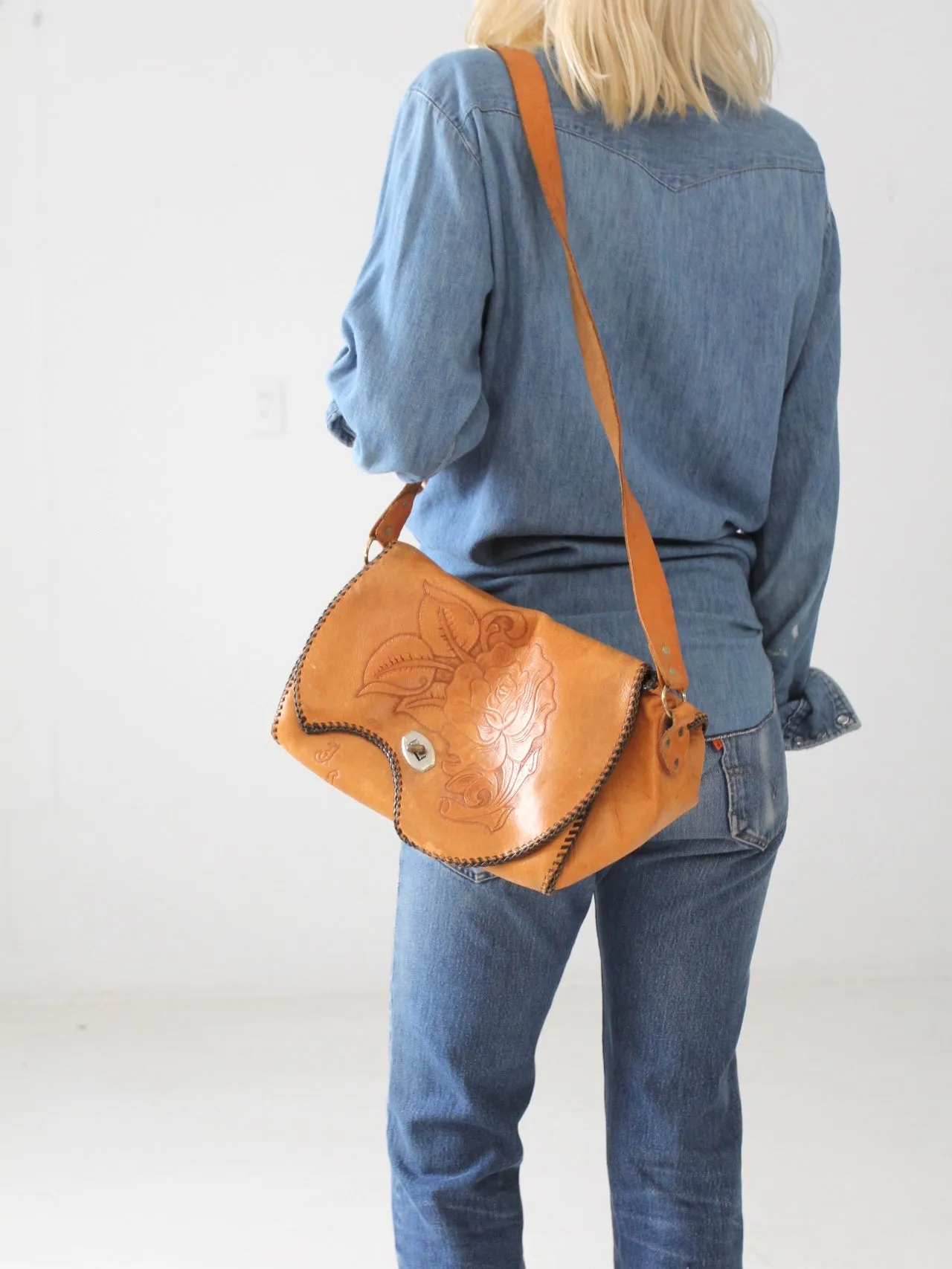 vintage 70s tooled leather satchel