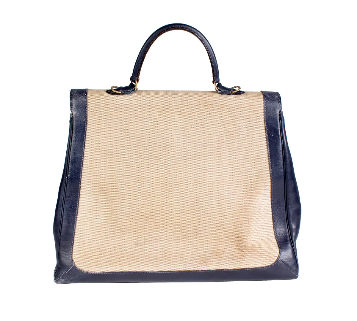 Vintage Navy Leather and Toile Canvas Top Handle Bag