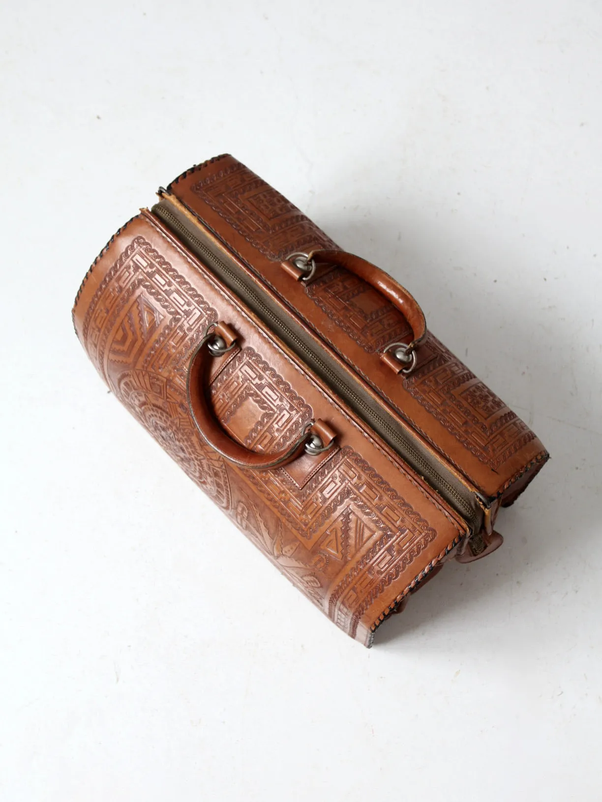 vintage tooled leather satchel bag