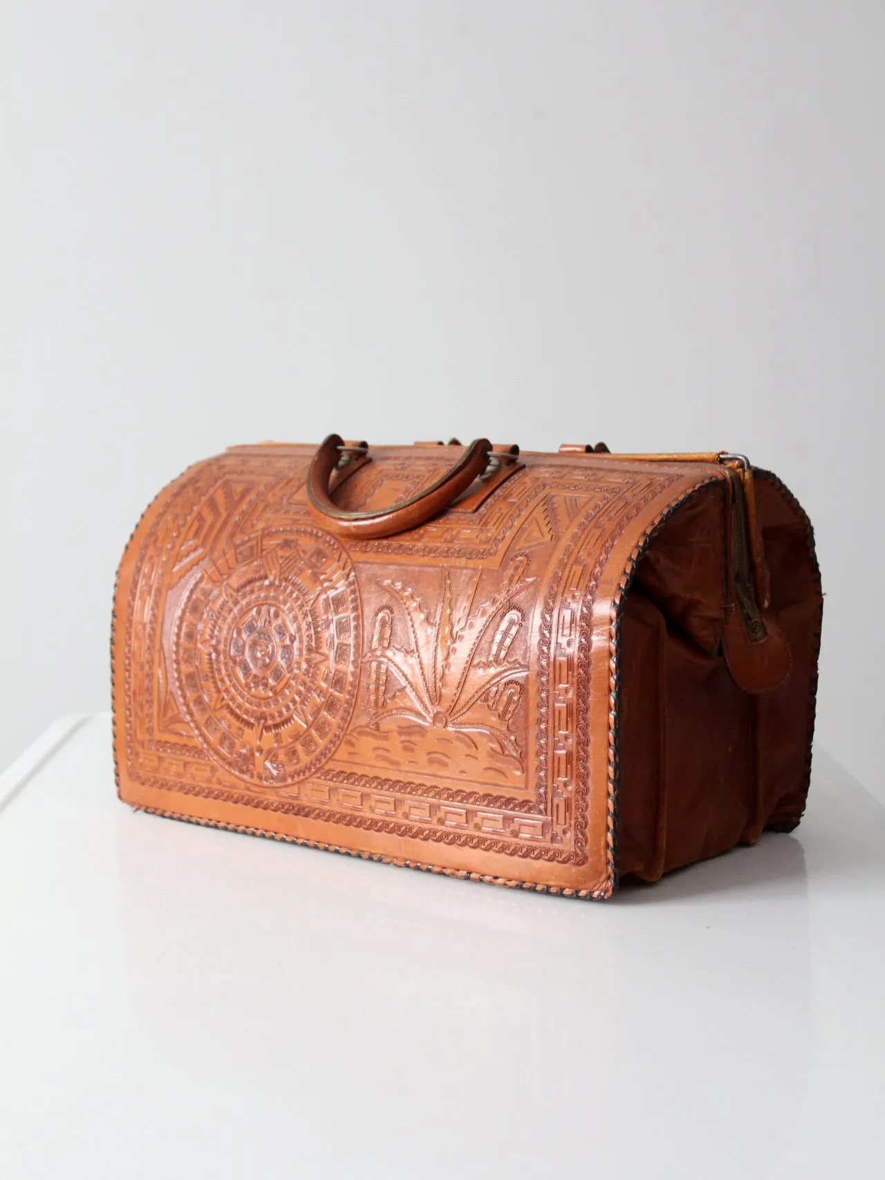 vintage tooled leather satchel bag