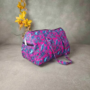 Weekender Travel Bag Pink Colour with Blue Flower Leaf Printed Design.